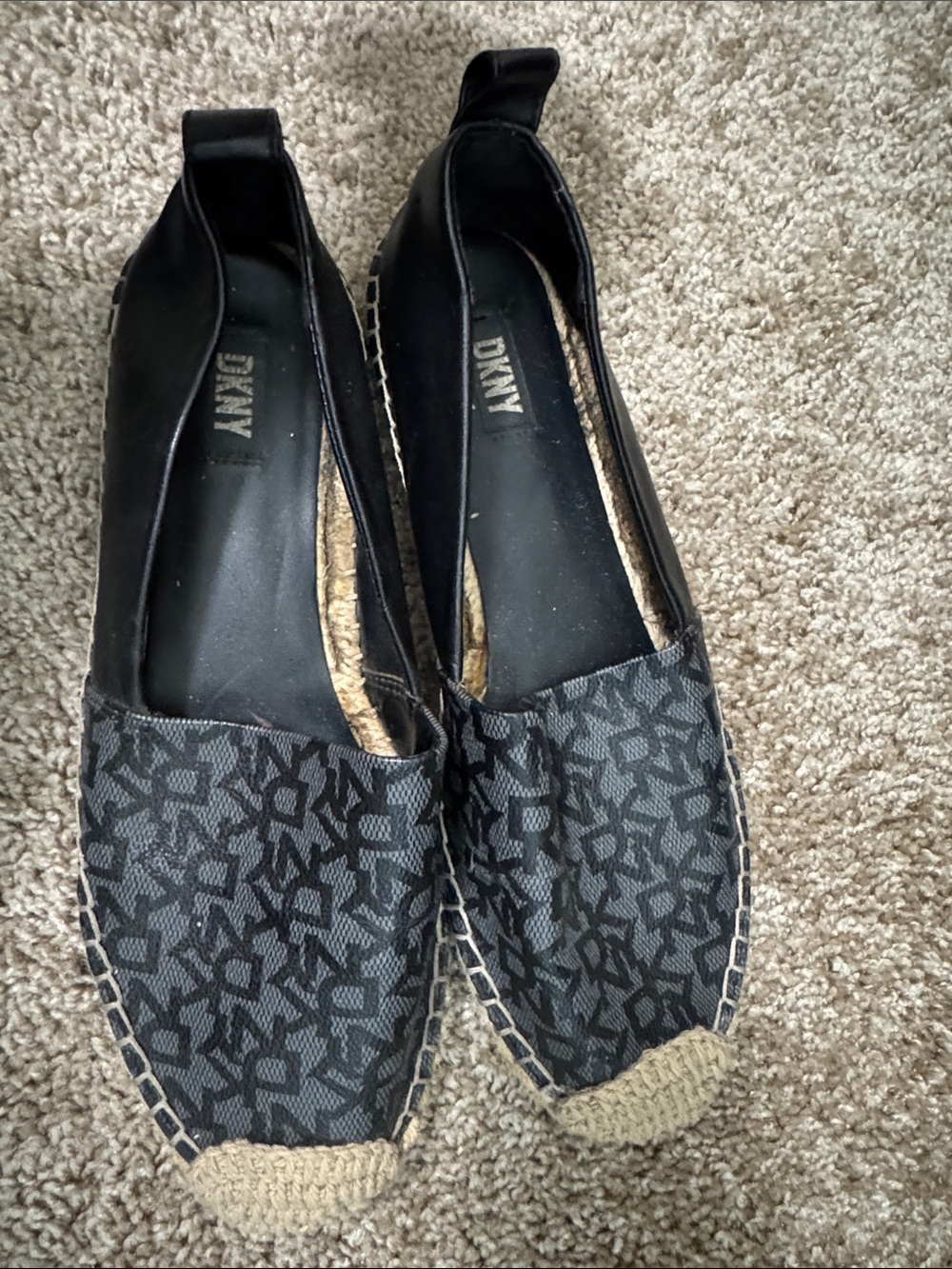 DKNY Black Logo Pattern Espadrilles with Natural Jute Trim